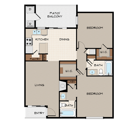 Floor plan for 2 beds, 2 baths, 1005 sqft